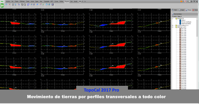 TopoCal 2023 3D CAD Mdt replanteo cubicar acopio volumen plataforma laz dron   Movimiento de tierras por perfiles transversales a todo color 