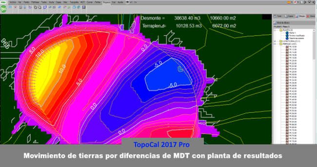 TopoCal 2024 3D CAD Mdt replanteo cubicar acopio volumen plataforma laz dron  Movimiento de tierras por diferencias de MDT con planta de resultados